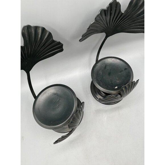 Set Of 2 Black Metal Gingko Leaf Pillar Candle Holders Decor - Picture 2 of 5